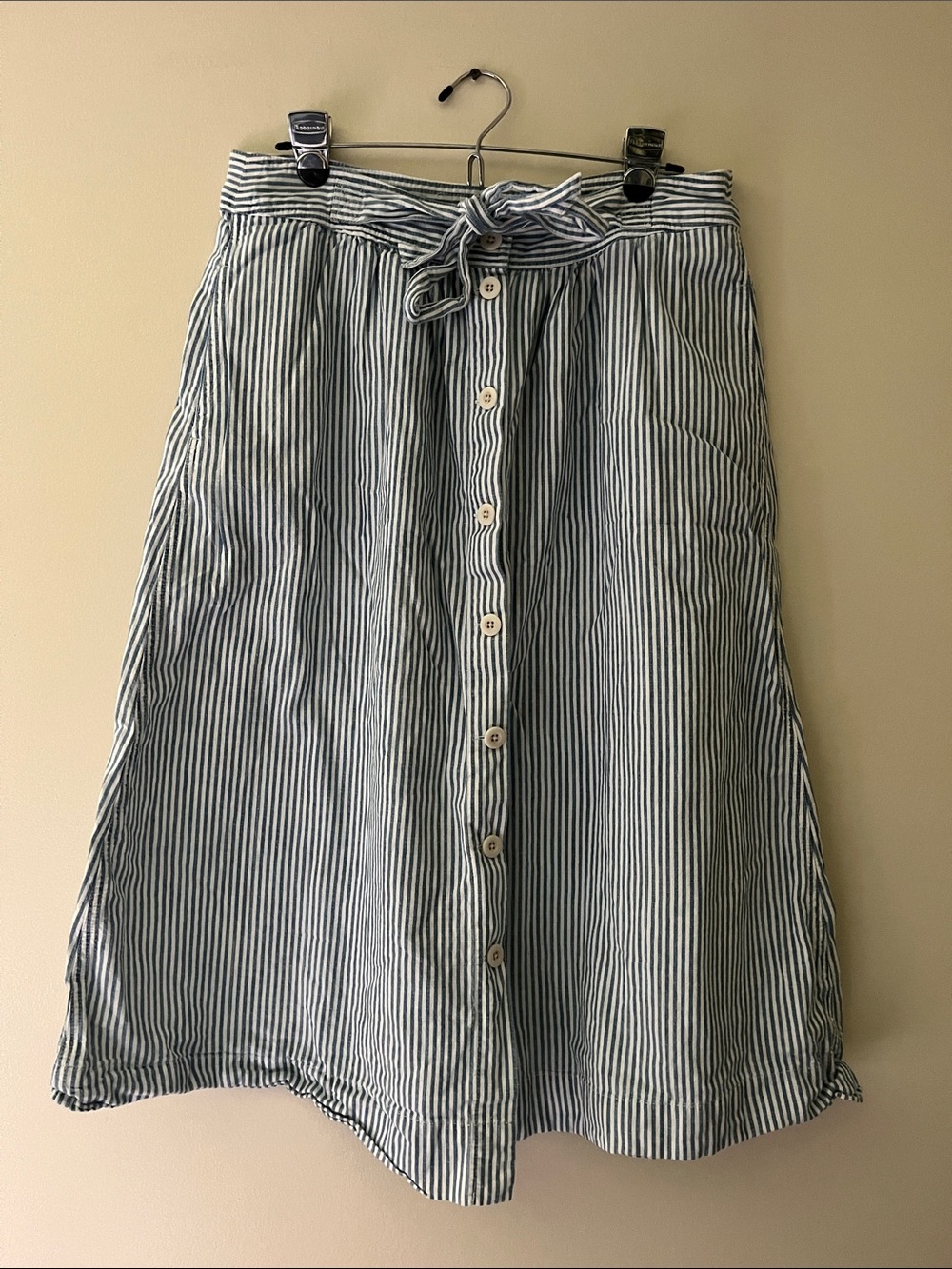 Madewell Blue and White Striped Button-Front Midi Skirt with Tie Waist